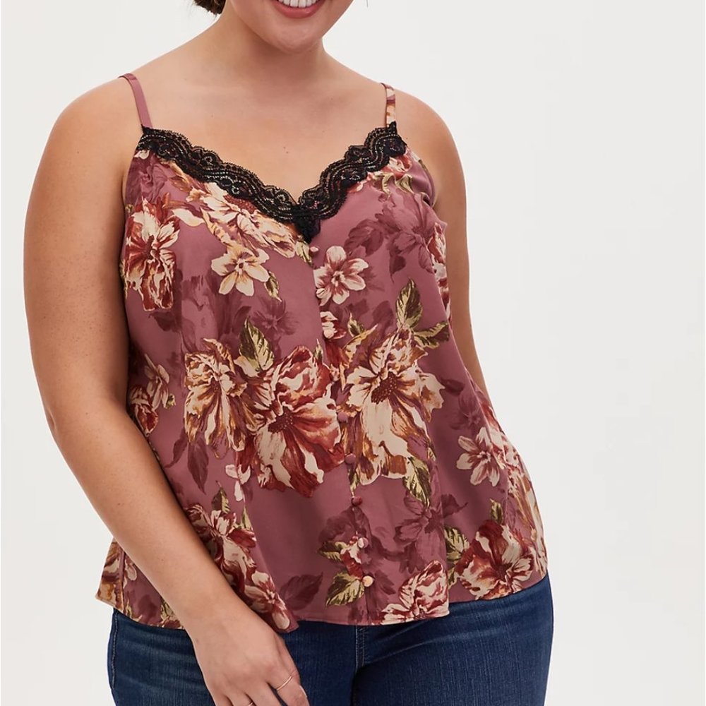 NWT Torrid Pink Floral Button Up Lace Trim Cami